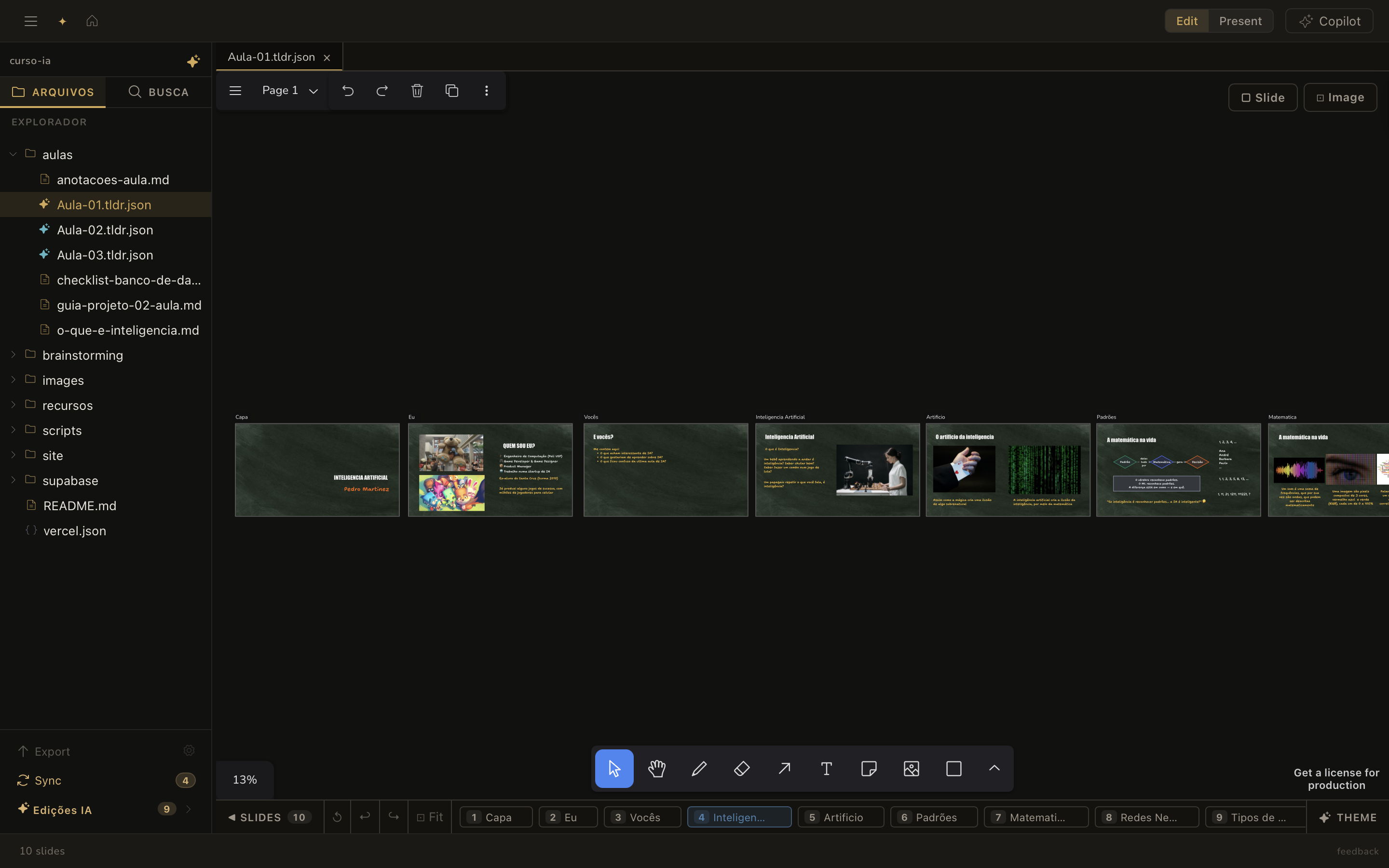 Canvas do Cafezin: curso com 10 slides organizados no workspace visual