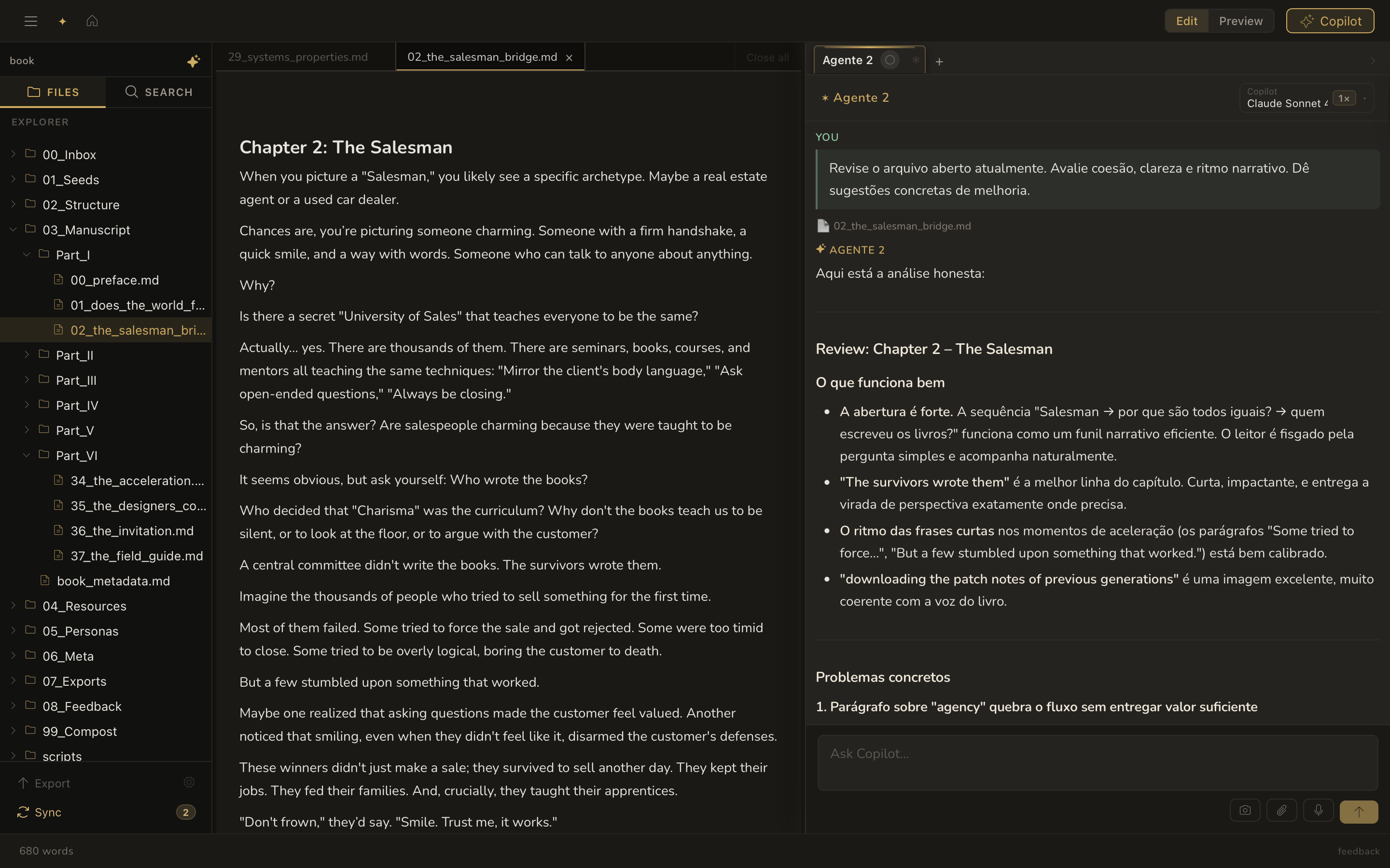 Editor do Cafezin com painel de revisão da IA