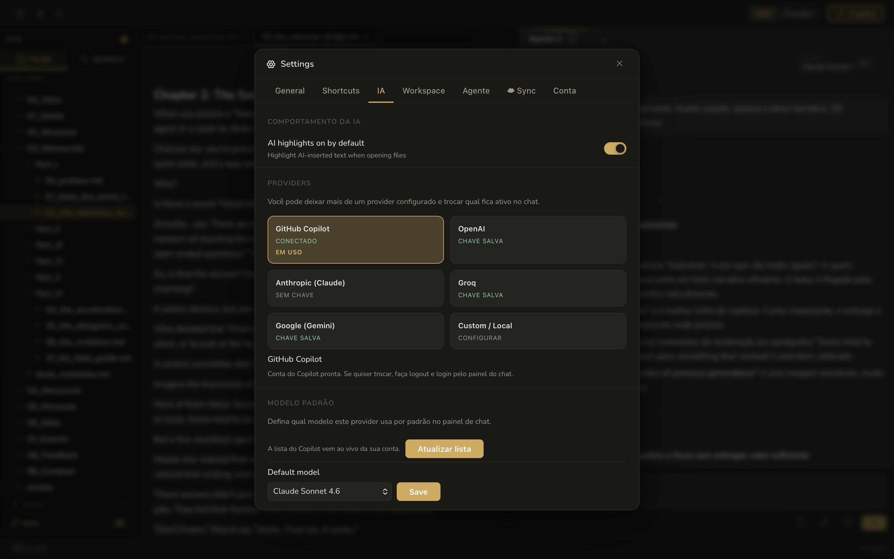 Configurações do Cafezin: escolha entre GitHub Copilot, OpenAI, Anthropic, Groq e Google Gemini